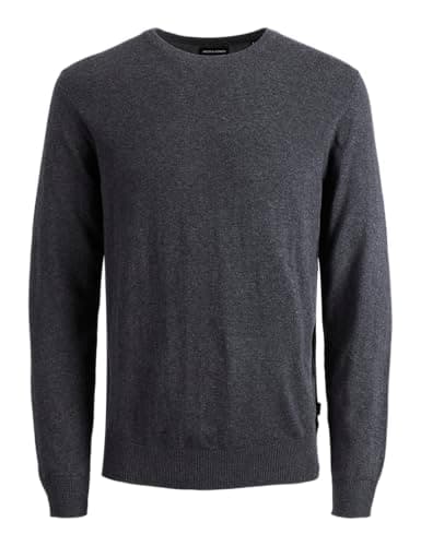 Image of JACK & JONES Men's Lightweight Long Sleeve Knit Pullover Crew Neck Essential Sweater Top Jumper JJEMIL., Colours:Dark Grey, Size Sweater:XL