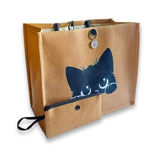 Image of Lined Jute Tote Bag Set with Pouch & Keyring - Boutique Pre-Wrapped Gifts for Cat Lovers - Ideal Birthday Present for Women or Gift for Mum - A Chic and Rustic Holiday Essential for Women