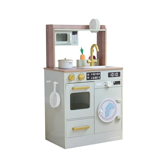 Image of Teamson Kids Wooden Play Kitchen Little Chef with Mini Garden and Washing Machine Green