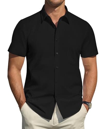 Image of J.VER Short Sleeve Shirts Men Stain Shield Dress Black Shirts Men Regular Fit Stretch Non Iron Business Work Office Casual Formal Summer Shirt L