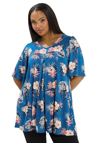 Image of Yours Curve Tropical Print Pleat Front Top - Women's - Plus Size Curve Blue