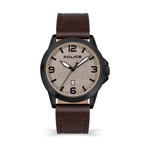 Image of Police Cliff Mens Watch with Beige Sandblast Dial and Dark Brown Leather Strap, 47mm Stainless Steel Case in Branded Watch Box PEWJB2194501-2 Year Warranty