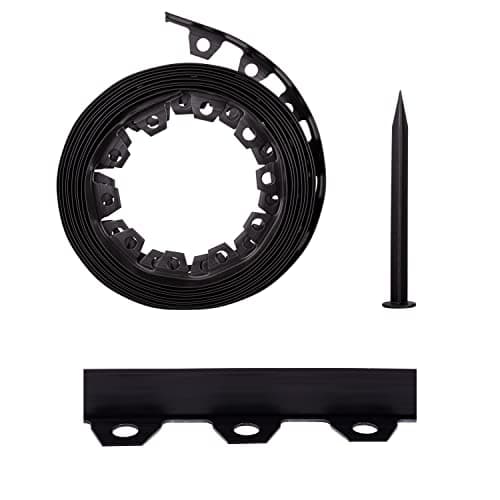 Image of Lawn Garden Edging Border with Heavy-Duty Ground Stakes 32ft | 10m Black 4CM High Flexible Flower Bed Edge and Reinforced Plastic Pegs, Professional Landscape Dividers, All Weather Resistant