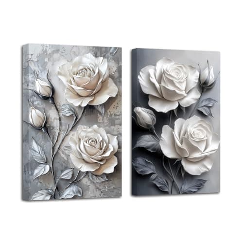 Image of LZIMU White Rose Picture Wall Art 2 Panel Elegant Rose Floral Canvas Prints Abstract Blooming Flowers Painting for Bedroom Bathroom Decor Framed (11x14inchx2 Pieces)