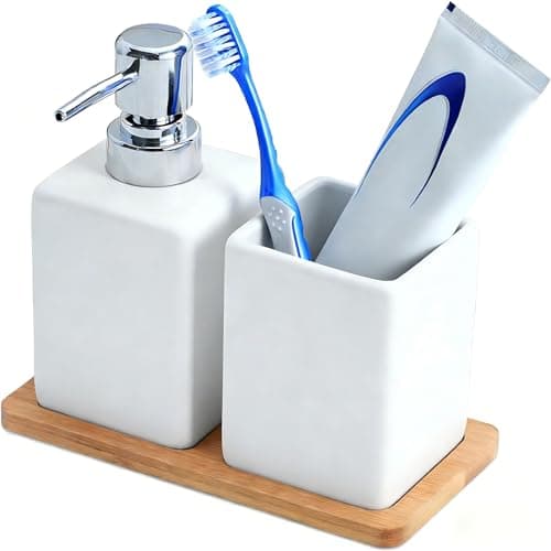 Image of Bathroom Accessories Set, 3 Piece White Ceramic Bathroom Set with Soap Dispenser, Toothbrush Holder & Bamboo Tray, Bathroom Accessory Kit for Sink & Vanity Decor (White)
