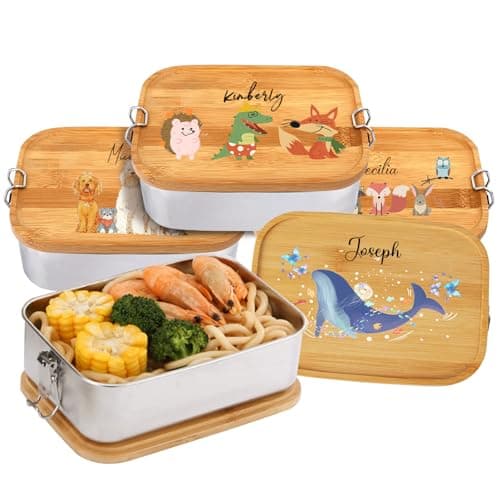 Image of JJ GRADGOWN Personalised Stainless Steel Lunch Box with Bamboo Lid, Custom Name & Animal Design, 1200ml 1-3 Tiers, Eco-Friendly Reusable, Ideal for Kids, School & Picnics (Style 1)