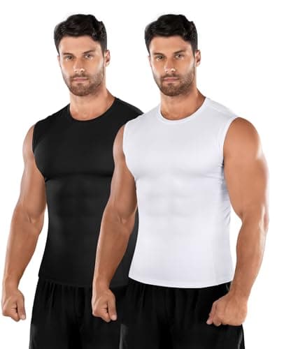 Image of Niksa 2 Pack Men's Compression Shirts Sleeveless Dry Fit Gym Workout Tank Top，Black and White,M
