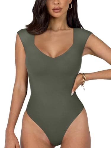 Image of REORIA Women's Summer Sexy Casual V Neck Double Lined Seamless Sleeveless Slimming One Piece Leotards Going Out Trendy Tank Top Tees Thong Bodysuits Grey Green Large