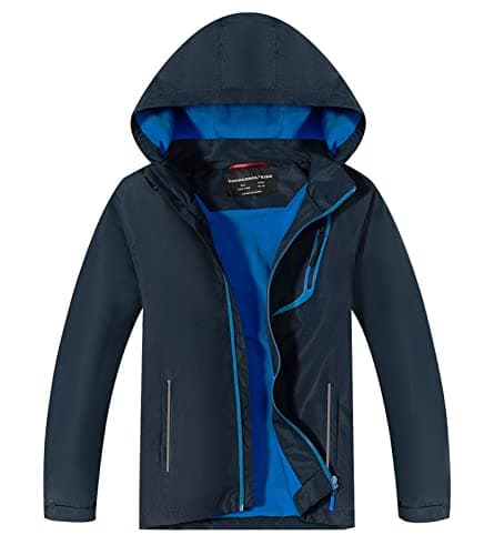 Image of YoungSoul Boys Girls Waterproof Jackets Kids Lightweight Fleece Lined Raincoat School Coats with Detachable Hood Navy Blue 10-11 Years