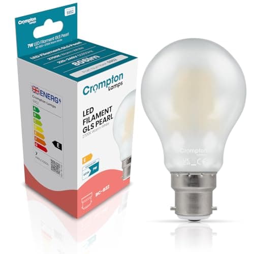 Image of Crompton Lamps Filament GLS LED Light Bulb BC-B22d | 7W = 60W Equivalent | Warm White 2700K | Energy Efficient | Bayonet Lightbulb | Long Life 10,000-Hrs | Pearl Glass | Dimmable