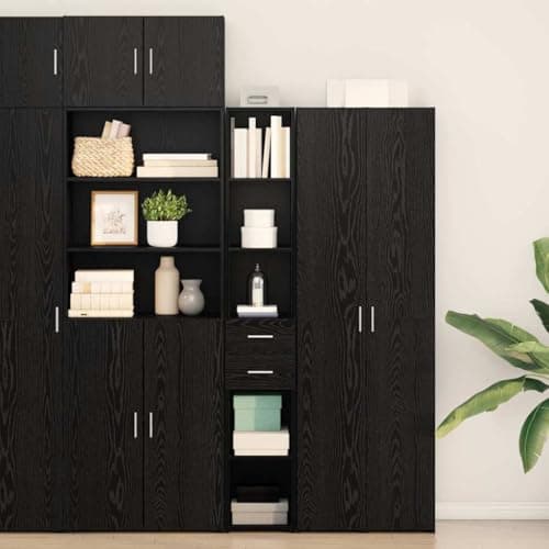 Image of GeenYuu Tall Board Black Oak 30 x 42.5 x 185 cm, Wood Material, Rustic Sideboard Buffet with 2 Drawers, Lots of Storage Space for Dining Room, Narrow Chest of Drawers for Home