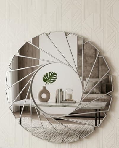 Image of DEENZ Large Wall Mirror Art Deco Frame Round swivel style Wall Mirror Glass 61cm Swirl Design Home Decor (Silver)