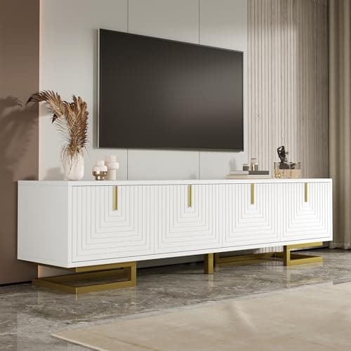 Image of 160cm TV Stand Media Cabinet, 4 Doors Television Entertainment Unit with Golden Handles and Golden Legs, Living Room Furniture with Storage (White)
