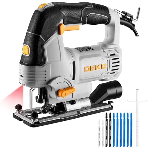Image of Electric Jigsaw Tool: DEKOPRO 800W Power Jig Saws with LED Light Laser, 4 Orbital Sets, 6 Variable Speed, 800-3000 SPM, ±45°Bevel Cutting Cut Blades, with 10 PCS Sawblades for Wood, Metal, Plastic