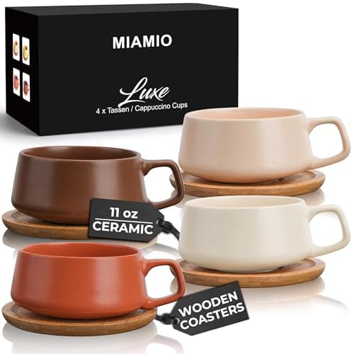 Image of MIAMIO – 320 ml, Set of 4 Ceramic Tea Cup and Saucer Bamboo/Tea Mug - Wide Cappuccino Cup, Coffee Cups Ceramic Mug for Cappuccino, Latte, Espresso & Americano - Luxe Collection (Beige Pastel)