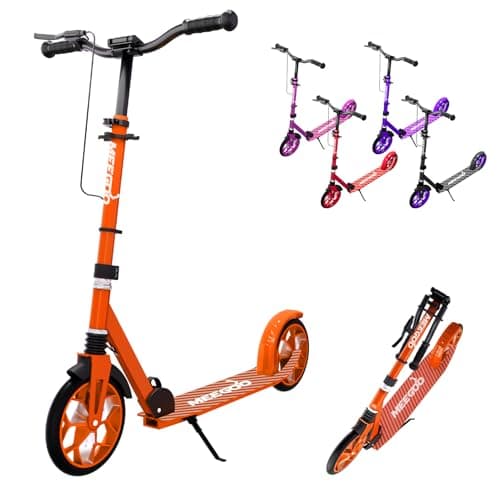 Image of MEE GOO Foldable Kick Scooter for Kids & Teens with Shock Absorption, Adjustable Handlebar Height, LED Light, Dual Brakes (Hand + Rear), 8" Wheels, Non-Slip Deck, Up to 100kg(220lbs) (Orange)