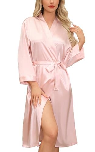 Image of Sopesil Women's Satin Dressing Gowns Long Ladies Kimono Morning Robes Bridal Soft Wedding Party Sleepwear V-Neck,Pink, M