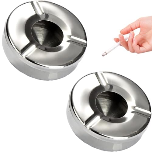 Image of YUNYU Windproof Ashtray Set of 2 - Stainless Steel Outdoor Ashtray with Lid (Diameter 12 cm) | Camping, Balcony & Garden | Rustproof & Dishwasher Safe