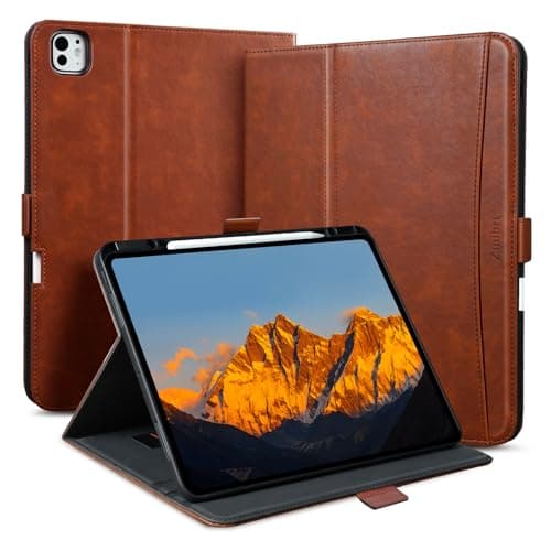Image of Zinibri Handcrafted Case for iPad Pro 11 Inch M5 2025/M4 2024 with Pencil Holder & Hand Strap & Pocket,Auto Sleep/Wake,Magnetic Closure,Multi Angles Stand Cover,Protective Folio PU Leather,Brown