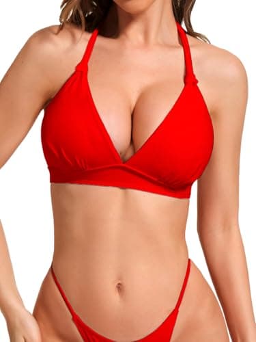 Image of HAWILAND Women's Triangle Bikini Tops Halter Neck Swimsuit with Padded Swimwear top Bathing Suits Red, M