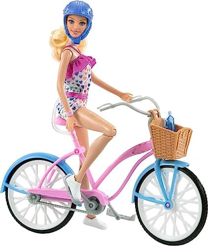 Image of Barbie Doll and Bike Playset with Doll (11.5 in, Blonde), Bicycle with Rolling Wheels & Water Bottle Accessory, Gift for 3 to 7 Year Olds,Blue,pink,white