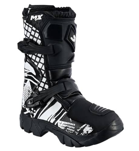 Image of Speed MaxX Kids Black & Whtie Real Leather Off - Road Motorbike/Motocross/Motorcycle Cubs MX Sports Shoes/Boots (Black & White, UK Footwear Size System, Big Kid, Men, Numeric, Medium, 4)