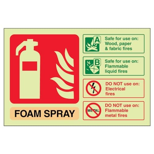 Image of V Safety Glow In The Dark Foam Spray Id Not Electrical Safe Fire Extinguisher Sign - 150mm x 100mm - Rigid Plastic