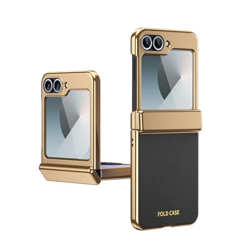Image of HUOLUNGJIN Compatible with Samsung Galaxy Z Flip 5 5G Case with Tempered Glass Screen Protector, Slim PU Leather Cover with Full Protection & Premium Feel Cover for Z Flip 5 (Black)