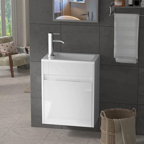 Image of UEV 400 mm Wall Hung Bathroom Vanity Unit with Resin Sink, Space-Saving Storage Cabinet, Wall-Mounted Basin for Cloakroom or Bathroom, White