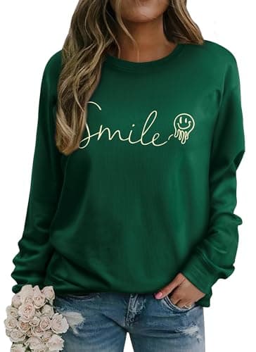 Image of WIEIYM Women's Sweatshirts Smile Sweatshirt Cotton Graphic Crewneck Sweatshirt Funny Long Sleeve Tops Basic Pullover for Spring Autumn Winter Dark Green