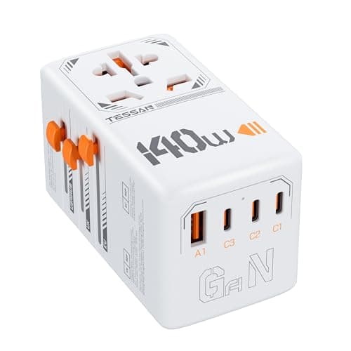 Image of TESSAN Universal Travel Adapter Worldwide 140W, GaN International Plug Adaptor with 1 USB A and 3 USB C Charging Ports, Power Outlet for US to Europe UK AUS Ireland(Type C, G, A, I), White