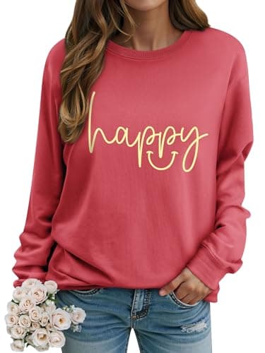 Image of WIEIYM Women's Sweatshirts Happy Sweatshirt Letter Graphic Crewneck Sweatshirt Funny Long Sleeve Tops Basic Pullover for Spring Autumn Winter