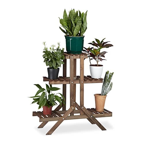 Image of Relaxdays Flower Ladder Rack with 3 Tiers, Wooden, Flower Stand for Indoors, Multi-Tier, HxWxD: ca 82.5 x 83 x 28.5 cm, Dark Brown