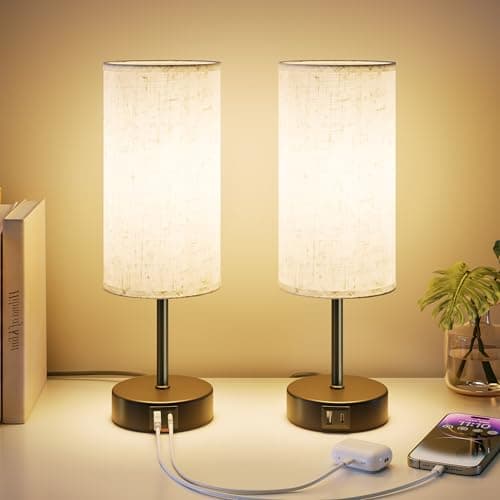 Image of UPXNBOR Bedside Lamps Set of 2, Table Lamp for Bedroom/Living Room/Study Room/Office with USB A+C Ports, Reading Light, Desk Lamp, 1.5m Cable, Linen Fabric Shade, Black Metal Base (E27 Bulb Incl.)