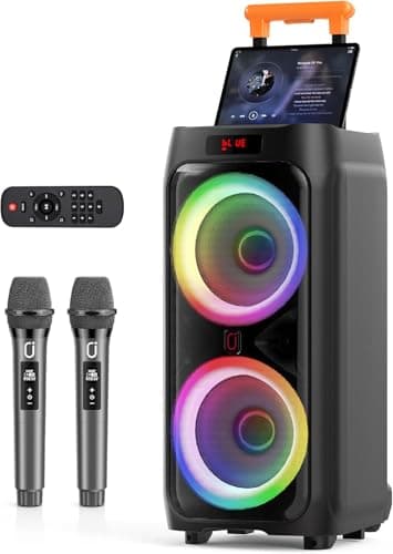 Image of JYX Karaoke Machine with 2 Wireless Microphones for Adults, Dual 8" Subwoofer Big Bluetooth Speaker with 500W Peak Power, PA System with DJ Light, Rolling Wheels and Trolley, Perfect for Outdoor Party