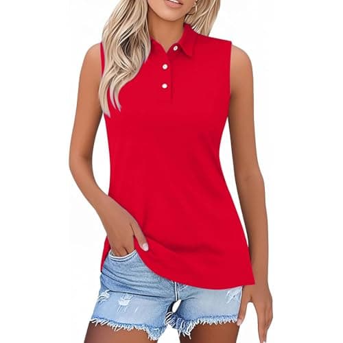 Image of Ladies Polo Shirts Sleeveless Polo Shirts for Women UK Plus Size Ladies Golf Vest Tennis Sports Tank Tops Casual Summer Gym Shirt Breathable Lightweight Tshirt Work T-Shirt Activewear Red