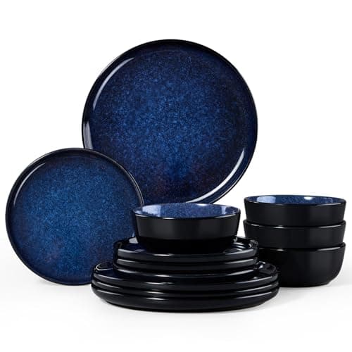 Image of Homikit Plates and Bowls Set, 12-Piece Dinner Stoneware Set for 4 People, Reactive Glaze Dinnerware Crockery for Kitchen Dining, Microwave and Dishwasher Safe - Modern Blue