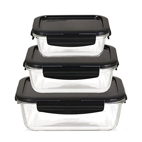 Image of LOCK & LOCK Glass Storage Containers, Small Square Set of 3 - Oven Safe Glass for Fridge, Freezer & Microwave with Snap Closure Airtight Lid - Lunch Box, Snack and Storage Dishes