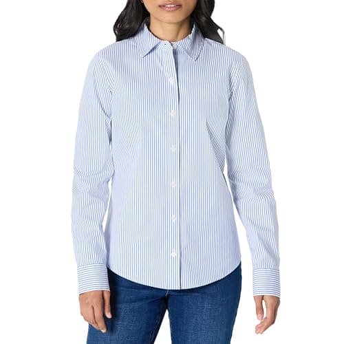 Image of Amazon Essentials Women's Regular-Fit Stretch Poplin Button-Up Dress Shirt, White Blue Mini Stripes, M