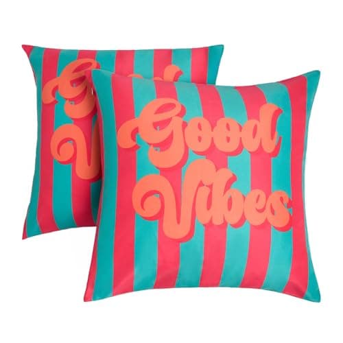 Image of OHS Outdoor Cushions Waterproof Good Vibes Print Outdoor Cushion Covers 45 x 45 Set of 2 Super Soft Patio Garden Cushions Home Decor Throw Pillow Covers with Invisible Zipper, Green/Pink - 45 x 45cm