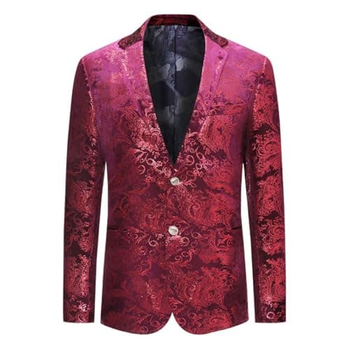 Image of Allthemen Men's Luxury Casual Velvet Dress Suit Slim Fit Floral Prints Stylish Blazer Coats Chic Jackets, Burgundy, XXL