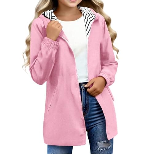 Image of duxyoz Boys Girls Rain Jacket - Waterproof Lightweight Raincoat for Kids,Packable,Water-Resistant,Windproof,Hooded,Long Raincoats Windbreaker Trench Coat Pink 15-16 Years