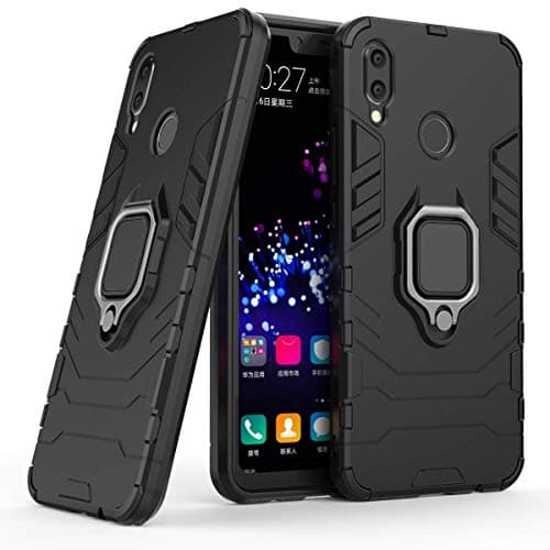 Image of LuluMain Compatible with Huawei P Smart+ Case, Metal Ring Grip Kickstand Shockproof Hard Bumper Shell (Works with Magnetic Car Mount) Dual Layer Rugged Cover for Huawei P Smart Plus, Nova 3i (Black)