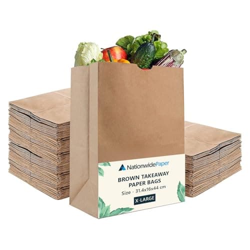 Image of Nationwide Paper 50pcs X-Large Brown Paper Bags No Handles Strong Takeaway Kraft Paper Bags for Grocery, Fruits, Snacks, Lunch, Birthday, Wedding, Supplier, and Vegetables (31.4x16x44cm)