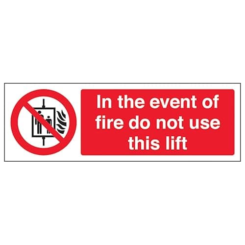 Image of V Safety In The Event Of Fire Do Not Use This Lift - Landscape 300 x 100 mm - Self Adhesive Vinyl - Aluminium Effect Safety Sign