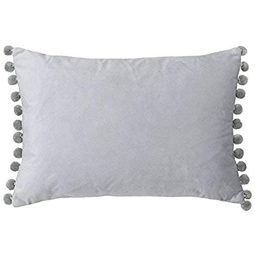 Image of Riva Paoletti Fiesta Rectangular Filled Cushion Multicoloured Pompom Edges-Faux Velvet Fabric-Discreet Zip Closure-100 Case (14" x 20" inches), Polyester, Dove/Silver, 35 x 50cm