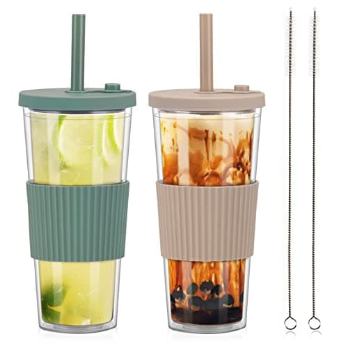 Image of ZgoEC 2 Pack Reusable Bubble Tea Cup with Straw, 730ml/24oz Clear Smoothie Tumbler with Lids and Straws, Leakproof Clear Plastic Cups Iced Coffee Cup, Double Wall Tumbler Bubble Tea Cup for Drinks