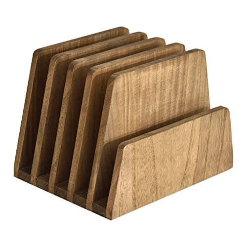 Image of KIRIGEN Wooden Desk File Sorter, 5-Slot Document Holder and Desktop Organiser Rack for Magazines, Letters, Laptop and Office Paper Storage, Paulownia Wood, 19x25.2x18 cm, Brown(5K-DBR)