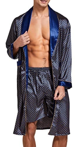 Image of Sanraflic Mens Satin Robe Lightweight Silk Long Sleeve Bathrobe with Shorts Set Spa Kimono Sleepwear (M, Blue with Golden)