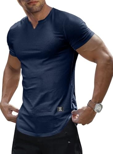 Image of JMIERR Men's T Shirts V Neck Henley Shirts Basic Slim Fit Short Sleeve Casual Tee Tops,Navy Blue,S
